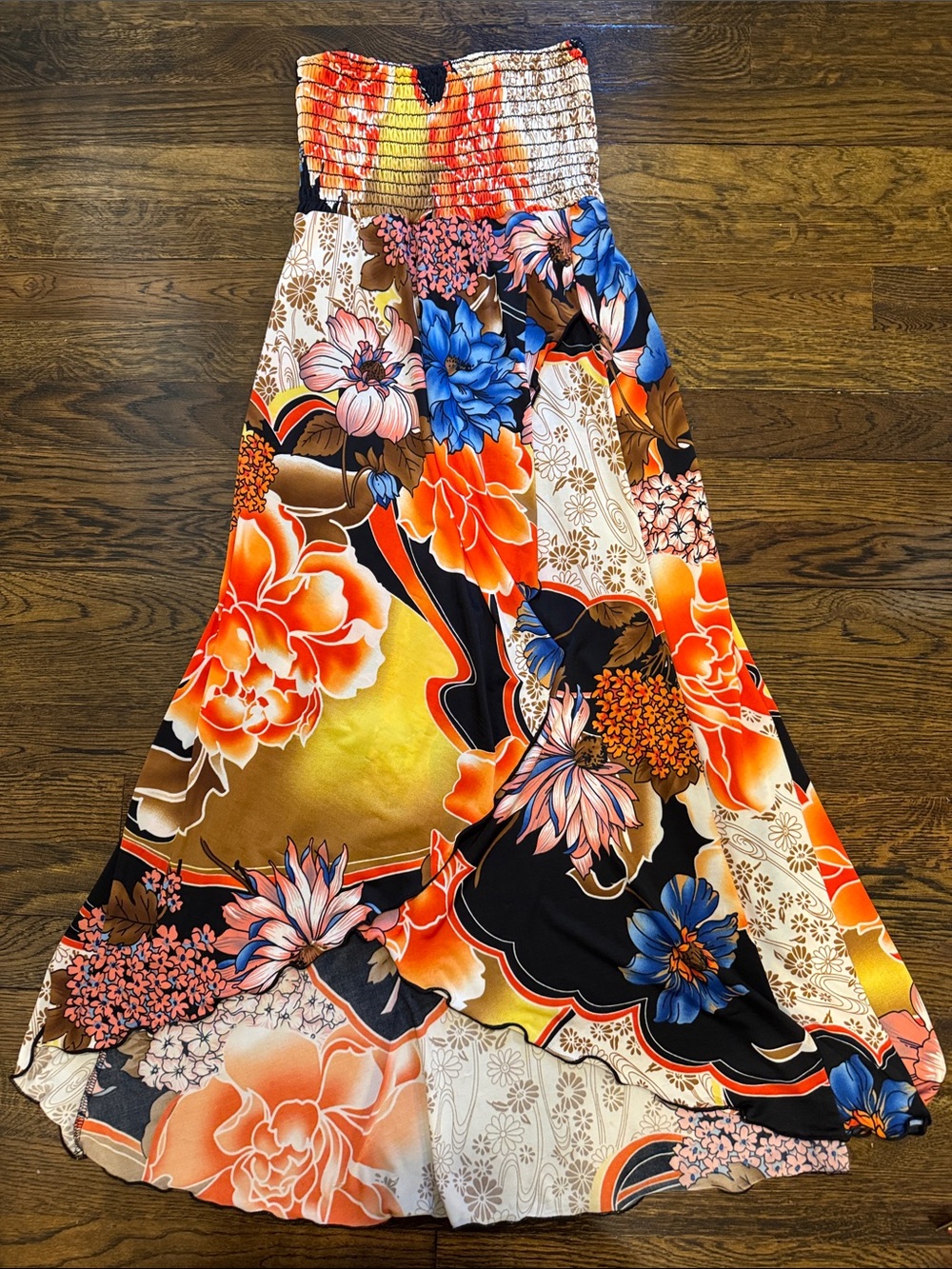 Floral Print strapless dress (high/low style) with scalloping in the front